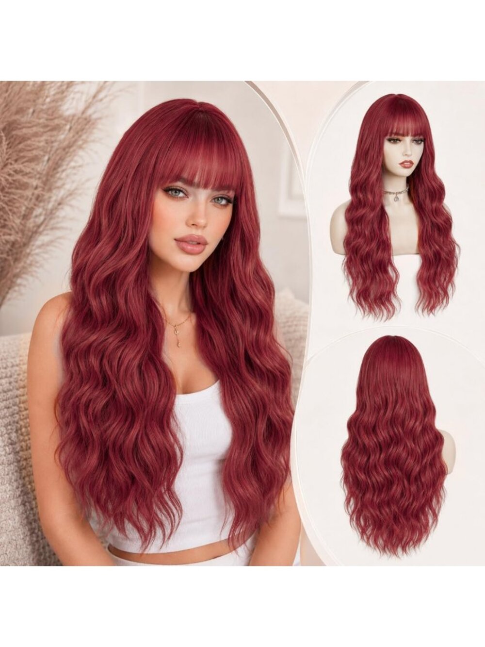 26" Copper Red Curly Wavy Wig with Bangs | Long Layered Hairpiece for Glam Look